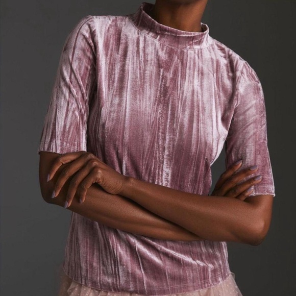 Pilcro Anthropologie Pink Crushed Velvet Velveteen Mock Neck Top Size Small - Picture 1 of 11